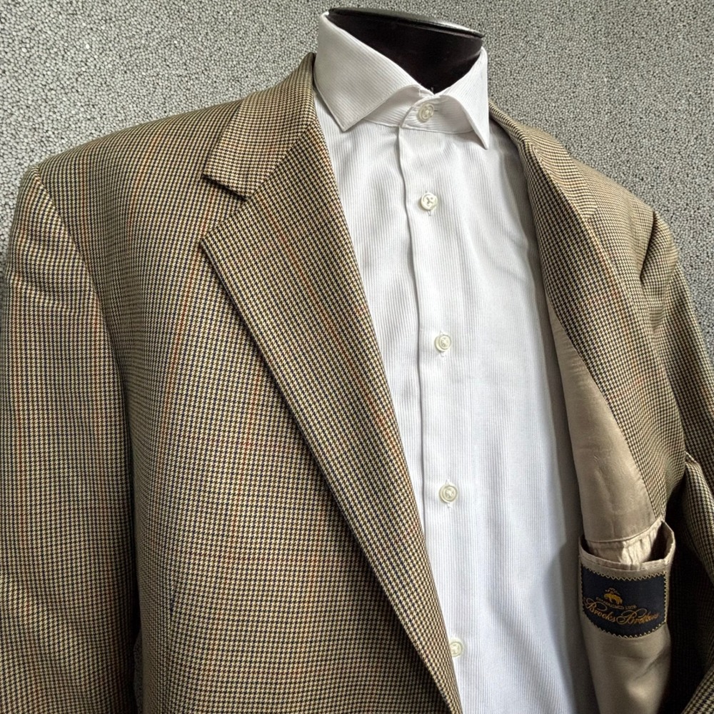 Brooks Brothers Blazer 46L Houndstooth Brown Wool Old Money Academia Preppy